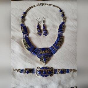 Genuine Lapis Lazuli Tibetan Silver Necklace Bracelet Earring Set